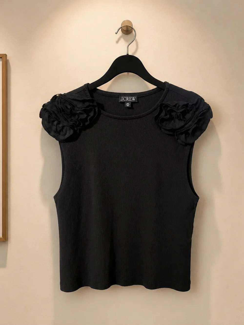 J.Crew Black Ribbed Sleeveless Tank with Rosette Shoulder Detail